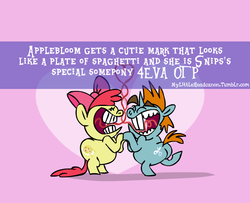 Size: 648x525 | Tagged: safe, artist:brutamod, apple bloom, snips, earth pony, pony, unicorn, mylittleheadcanon, g4, butt, colt, exploitable meme, fandom, female, filly, headcanon, male, otp, parody, plot, satire, shipping, snipsbloom, spaghetti