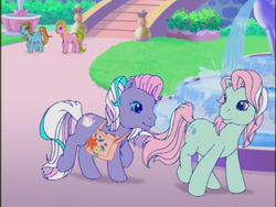 Size: 640x480 | Tagged: safe, screencap, minty, razzaroo, spring fever, waterfire, earth pony, pony, a charming birthday, g3, birthday book, fountain, stare