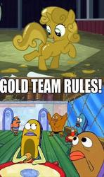 Size: 394x665 | Tagged: safe, edit, edited screencap, screencap, sweetie belle, pony, unicorn, g4, one bad apple, alpha team blows, female, image macro, luster dust, prehibernation week, spongebob squarepants, sweetie gold