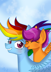 Size: 1240x1754 | Tagged: safe, artist:derpsonhooves, rainbow dash, scootaloo, pegasus, pony, g4, blushing, duo, eyes closed, female, happy, mare, scootalove