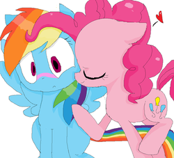 Size: 500x454 | Tagged: safe, artist:farfromserious, pinkie pie, rainbow dash, earth pony, pegasus, pony, g4, blushing, female, lesbian, ship:pinkiedash, shipping