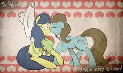 Size: 1280x766 | Tagged: safe, artist:fiddlearts, beauty brass, fiddlesticks, earth pony, pony, g4, apple family member, duo, eyes closed, female, fiddlebrass, kiss on the lips, kissing, lesbian, mare, musician, shipping, surprise kiss, surprised