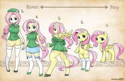 Size: 1600x1035 | Tagged: safe, artist:shepherd0821, fluttershy, human, pegasus, pony, anthro, semi-anthro, unguligrade anthro, g4, :3, :o, anthro chart, anthro with ponies, beret, big breasts, bipedal, breasts, busty fluttershy, chart, clothes, cute, female, hat, humanized, line-up, looking at you, looking back, mare, off shoulder, off shoulder sweater, open mouth, scale, skirt, sleeveless turtleneck, smiling, socks, spread wings, sweater, sweater puppies, sweatershy, thigh highs, wings