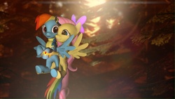 Size: 1366x768 | Tagged: safe, artist:legoguy9875, fluttershy, rainbow dash, g4, 3d, elements of harmony, female, flying, forest, gmod, lesbian, ship:flutterdash, shipping