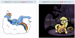 Size: 525x266 | Tagged: safe, applejack, rainbow dash, anthro, g4, exploitable meme, juxtaposition, juxtaposition win