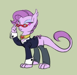Size: 660x650 | Tagged: safe, artist:carnifex, oc, oc only, oc:lavender, dracony, hybrid, fire ruby, glasses, interspecies offspring, offspring, parent:rarity, parent:spike, parents:sparity, simple background, solo