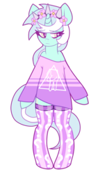 Size: 573x932 | Tagged: safe, artist:mewball, lyra heartstrings, pony, unicorn, semi-anthro, g4, bipedal, clothes, crown, fashion, female, floral head wreath, pastel goth, shirt, simple background, socks, soft grunge, solo, stockings, striped socks, transparent background, wingding eyes