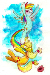 Size: 673x1000 | Tagged: safe, artist:kounyoukai, applejack, rainbow dash, g4, applejack's hat, flying, hat, painting, scared, suspended, tail bite, tail pull, traditional art, watercolor painting