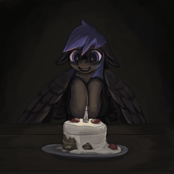 Size: 1126x1126 | Tagged: safe, artist:erijt, scootaloo, pony, g4, cake, dark, female, food, scootalone, solo