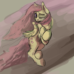 Size: 1280x1280 | Tagged: safe, artist:erijt, fluttershy, pegasus, pony, g4, abstract background, aside glance, cold, crossed hooves, crossed legs, female, folded wings, hooves to the chest, hooves together, looking at you, mare, open mouth, solo, tail, turned head, uncomfortable, wind, windswept mane, windswept tail, wings
