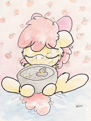 Size: 720x954 | Tagged: safe, artist:slightlyshade, apple bloom, earth pony, pony, g4, female, filly, flower, food, sitting, solo, soup, traditional art