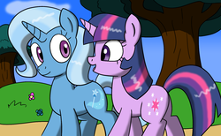 Size: 1664x1024 | Tagged: safe, artist:haxorus31, trixie, twilight sparkle, g4, female, lesbian, ship:twixie, shipping