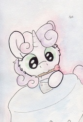 Size: 732x1072 | Tagged: safe, artist:slightlyshade, sweetie belle, pony, unicorn, g4, female, filly, heart, letter, mouth hold, solo, traditional art