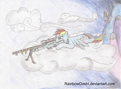 Size: 1024x754 | Tagged: safe, rainbow dash, pegasus, pony, g4, arctic warfare, canterlot, cloud, cutie mark, drawing, equestria, female, gun, hooves, lying down, mare, military, on a cloud, optical sight, rifle, sniper, sniper rifle, solo, spread wings, weapon, wings