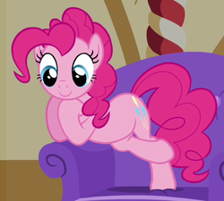 Size: 439x395 | Tagged: safe, screencap, pinkie pie, earth pony, pony, g4, just for sidekicks, couch, female, hoof under chin, mare, reaction image, solo