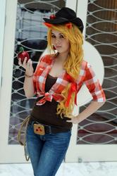 Size: 637x960 | Tagged: safe, artist:xsoulxxxreaperx, applejack, human, g4, apple, cosplay, irl, irl human, obligatory apple, photo, solo