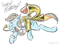 Size: 1024x768 | Tagged: safe, artist:zilof, beauty brass, g4, jetpack, musical instrument, sousaphone