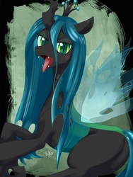Size: 600x800 | Tagged: safe, artist:syansyan, queen chrysalis, changeling, changeling queen, g4, bugbutt, butt, crown, female, jewelry, plot, regalia, solo, tongue out, transparent wings, wings