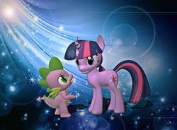 Size: 1041x768 | Tagged: safe, artist:alexfly, spike, twilight sparkle, dragon, pony, g4, 3d, female, male, mare