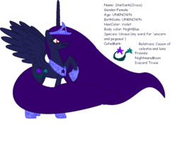 Size: 1218x972 | Tagged: safe, artist:hummingbird-peacock, oc, oc only, oc:princess stardark, alicorn, pony, alicorn oc, angry, crown, donut steel, ethereal mane, ethereal tail, frown, hoof shoes, implied discord, implied nightmare moon, implied princess celestia, implied princess luna, implied trixie, jewelry, open mouth, peytral, raised hoof, red eyes, regalia, sparkelpone, spread wings, standing, tail, wings