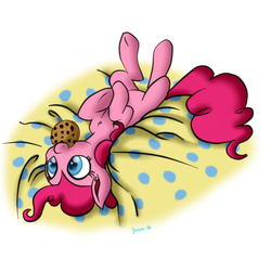 Size: 760x759 | Tagged: dead source, safe, artist:jigglybelle, pinkie pie, earth pony, pony, g4, bed, chest fluff, cookie, cute, diapinkes, ear fluff, female, mare, mouth hold, on back, ponk