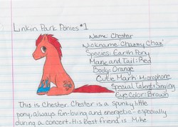 Size: 1448x1030 | Tagged: safe, artist:bennodatheninjawolf, chester bennington, lined paper, linkin park, male, out of character, ponified, rule 85, text, traditional art