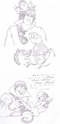 Size: 1005x2078 | Tagged: safe, artist:joey darkmeat, apple bloom, scootaloo, sweetie belle, human, g4, cutie mark crusaders, monochrome, soldier, soldier (tf2), team fortress 2, traditional art