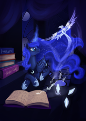 Size: 2480x3508 | Tagged: safe, artist:dalagar, princess luna, alicorn, ice phoenix, phoenix, pony, g4, animal, book, conjuring, crystal, dark, female, glowing, harry potter (series), magic, mare, night, patronus, pile