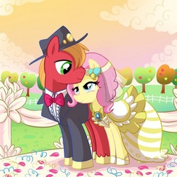 Size: 500x500 | Tagged: safe, artist:madmax, edit, big macintosh, fluttershy, earth pony, pony, g4, clothes, dress, male, ship:fluttermac, shipping, stallion, straight, swapped cutie marks, wedding, wedding dress