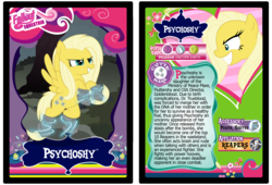 Size: 3100x2110 | Tagged: safe, artist:rinmitzuki, oc, oc only, oc:psychoshy, pegasus, pony, fallout equestria, fallout equestria: project horizons, implied fluttershy, implied oc:goldenblood, parent:fluttershy, parent:oc:goldenblood, power hoof, text, trading card