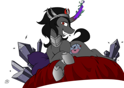 Size: 1202x850 | Tagged: safe, artist:joey darkmeat, artist:mynder, king sombra, pony, unicorn, g4, armor, bed, bedroom eyes, colored, colored horn, crystal, curved horn, glass, horn, magic, magic aura, male, prone, sexy, simple background, solo, sombra horn, stallion, stupid sexy sombra, transparent background, wine, wine glass