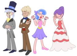 Size: 2500x1815 | Tagged: safe, artist:trinityinyang, caesar, count caesar, north star, royal ribbon, sealed scroll, human, a canterlot wedding, g4, clothes, dress, female, hat, humanized, male, monocle, monocle and top hat, ribbon, simple background, suit, top hat, transparent background