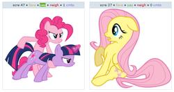 Size: 533x284 | Tagged: safe, fluttershy, pinkie pie, twilight sparkle, g4, exploitable meme, juxtaposition, juxtaposition win