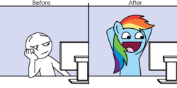 Size: 1000x500 | Tagged: safe, artist:felix-kot, rainbow dash, g4, awesome face, before and after, brony, join the herd, ponified