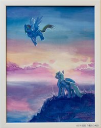 Size: 809x1024 | Tagged: safe, artist:2078, derpy hooves, rainbow dash, pegasus, pony, g4, cliff, female, flying, mare, painting, traditional art