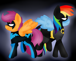 Size: 2240x1800 | Tagged: safe, artist:blackbewhite2k7, rainbow dash, scootaloo, pegasus, pony, g4, batman, crossover, nightwing, older, parody