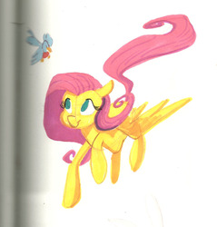 Size: 1000x1047 | Tagged: safe, artist:romaniz, fluttershy, bird, g4, female, flying, solo, traditional art