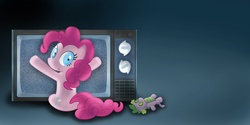 Size: 8000x4000 | Tagged: safe, artist:felix-kot, pinkie pie, spike, g4, absurd resolution, doll, parody, poltergeist, television, vector