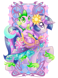 Size: 2400x3200 | Tagged: safe, artist:amelie-ami-chan, spike, twilight sparkle, dragon, pony, unicorn, g4, carousel, clothes, dragons riding ponies, riding, spike riding twilight, unicorn twilight