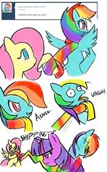 Size: 1197x1920 | Tagged: artist needed, safe, fluttershy, rainbow dash, twilight sparkle, g4, clothes, exploitable meme, fluttershipper, grab my meme, scarf, ship:twidash, shipper on deck, shipping