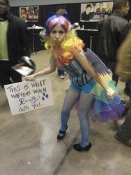 Size: 1170x1560 | Tagged: safe, rainbow dash, human, g4, cosplay, irl, irl human, photo, rainbow dash always dresses in style, sign, text