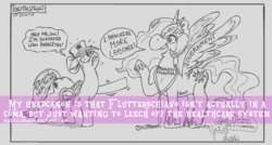 Size: 948x508 | Tagged: safe, artist:brutamod, fluttershy, nurse redheart, princess celestia, alicorn, earth pony, pony, mylittleheadcanon, g4, ask-flutterschavio, female, mare, partial color, political cartoon