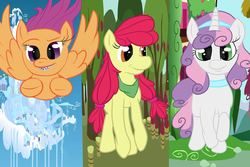 Size: 1600x1071 | Tagged: safe, artist:bubblenote, apple bloom, scootaloo, sweetie belle, earth pony, pegasus, pony, unicorn, g4, bandana, braces, cutie mark crusaders, female, flying, hair tie, headband, scootaloo can fly, teenage apple bloom, teenage scootaloo, teenage sweetie belle, teenager