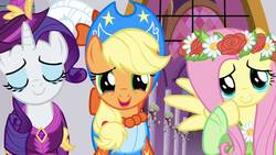 Size: 1280x720 | Tagged: safe, screencap, applejack, fluttershy, rarity, earth pony, pegasus, pony, unicorn, g4, magical mystery cure, castle, clothes, coronation dress, coronation hat, cowboy hat, crying, crying on the outside, dress, eyes closed, hat, open mouth, smiling, tears of joy