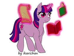 Size: 640x480 | Tagged: safe, artist:ikarichan, twilight sparkle, pony, g4, book, female, magic, scroll, solo, telekinesis