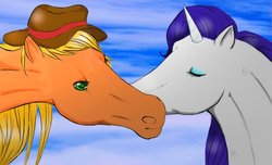 Size: 1024x622 | Tagged: safe, artist:chichuu, applejack, rarity, g4, hoers, ship:rarijack, shipping