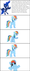 Size: 848x2000 | Tagged: safe, princess luna, rainbow dash, alicorn, pegasus, pony, g4, :i, alice in wonderland, confused, confusion, female, frown, looking at you, mare, open mouth, raised hoof, rearing, shrug, shrugpony, spread wings, wings