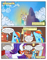 Size: 612x792 | Tagged: safe, artist:newbiespud, edit, edited screencap, screencap, rainbow dash, rarity, pegasus, pony, unicorn, comic:friendship is dragons, g4, suited for success, canterlot, carousel boutique, comic, eyes closed, female, glasses, hooves, horn, mare, open mouth, ponyville, raised hoof, screencap comic, spread wings, wings