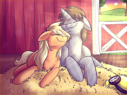 Size: 1024x768 | Tagged: safe, artist:fizzy-dog, applejack, oc, g4, barn, canon x oc, eyes closed, goggles, hat, hatless, hay, loose hair, missing accessory, shipping