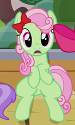 Size: 480x798 | Tagged: safe, screencap, alula, apple bloom, florina tart, pluto, earth pony, pony, apple family reunion, g4, apple family member, background pony, bow, cropped, female, hair bow, mare, sitting up, solo focus